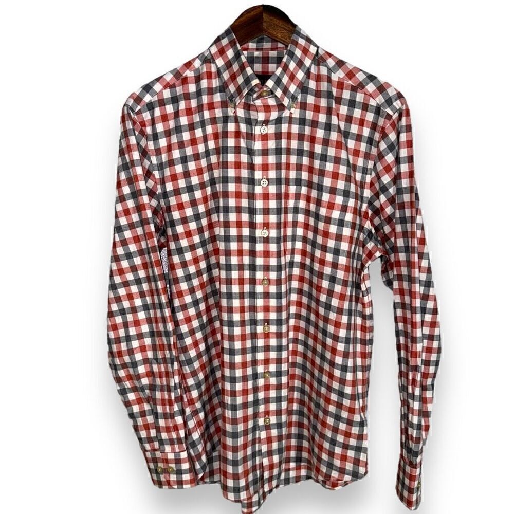 Scott Barber Red & Gray Check Oxford Button Down Shirt M